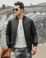 Austin Mens Black Bomber Real Lambskin Leather Jacket - Image 5